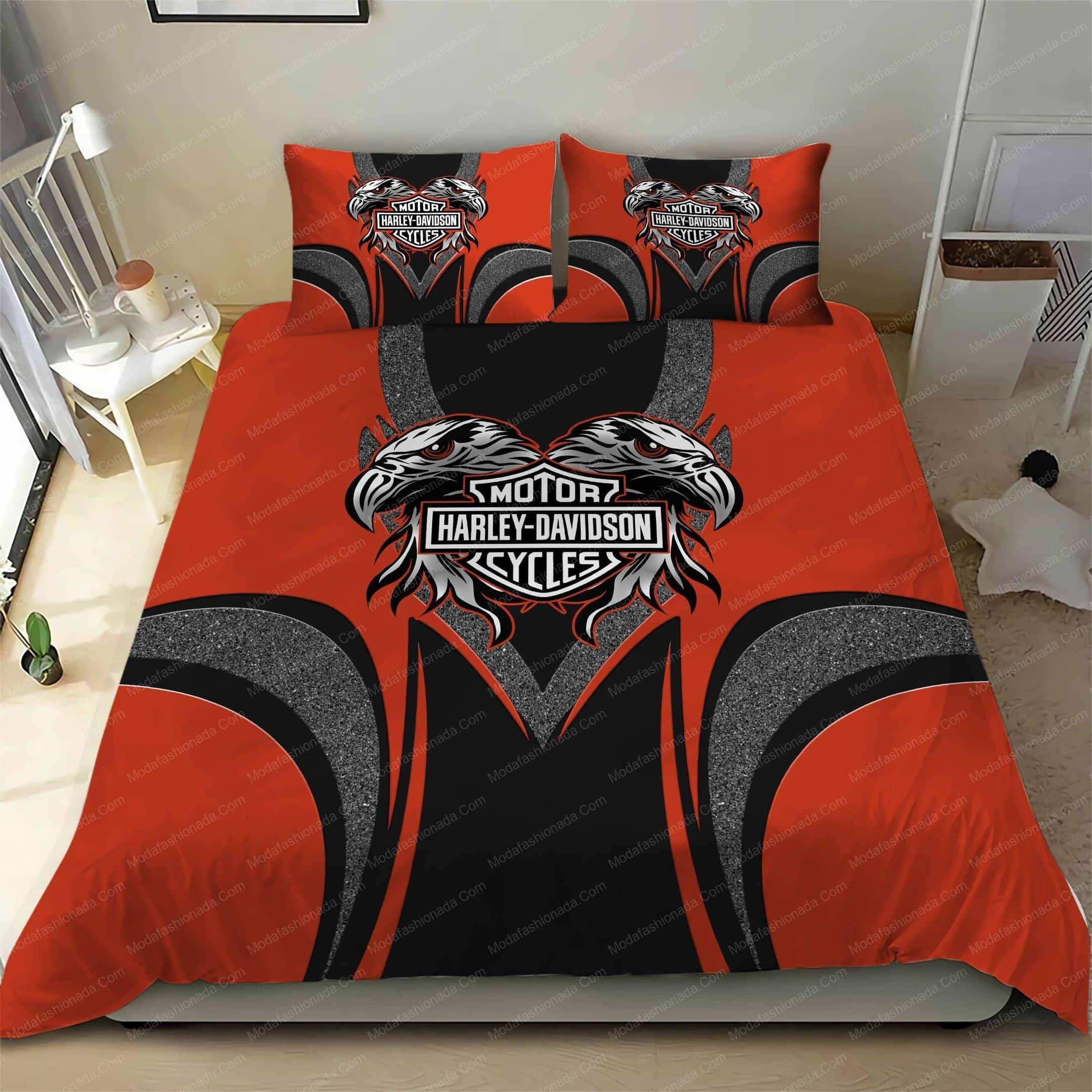 Harley Davidson With 2 Eagles And Motorcycles Logo 92 Bedding Set