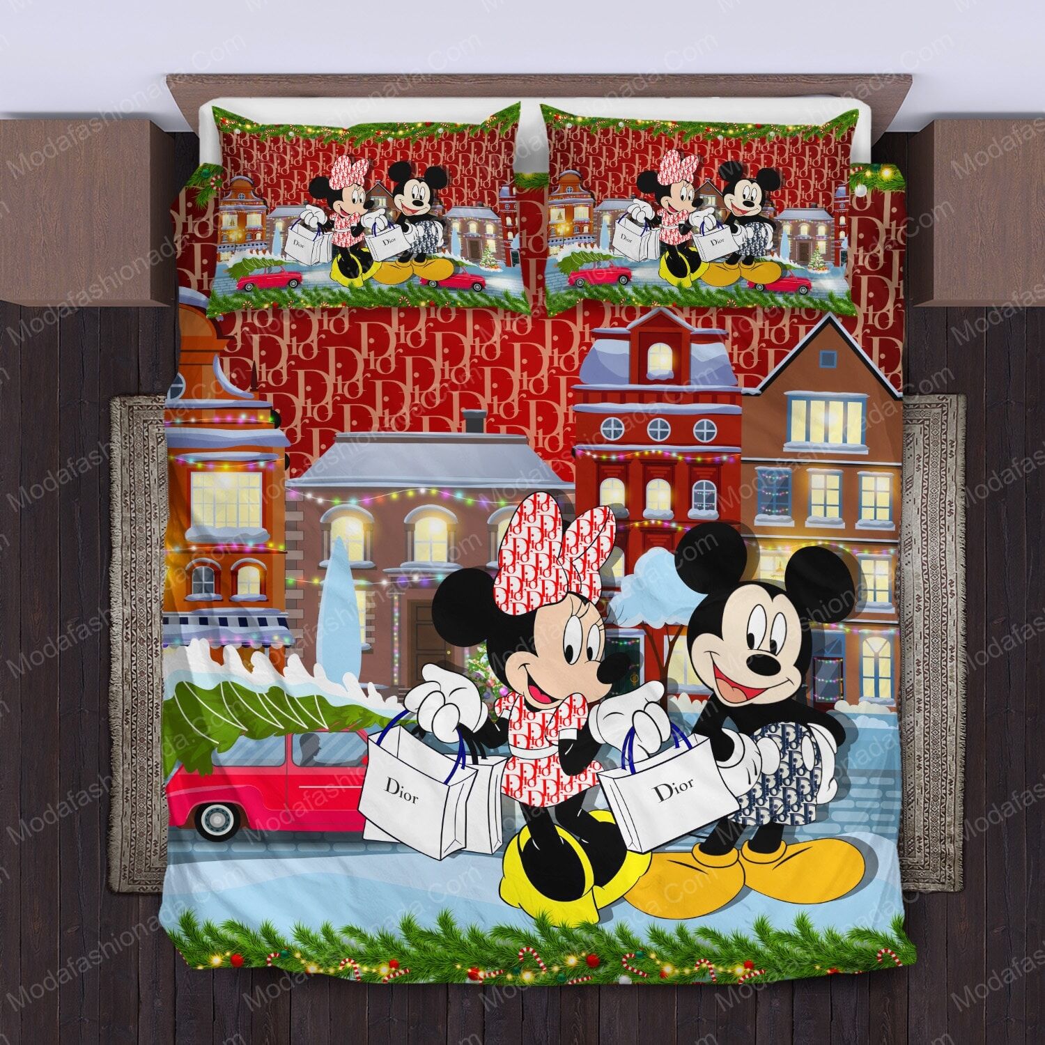 Mickey & Minnie Mouse Dior Merry Christmas Bed Sets Bedding Sets - Modafashionada.Com