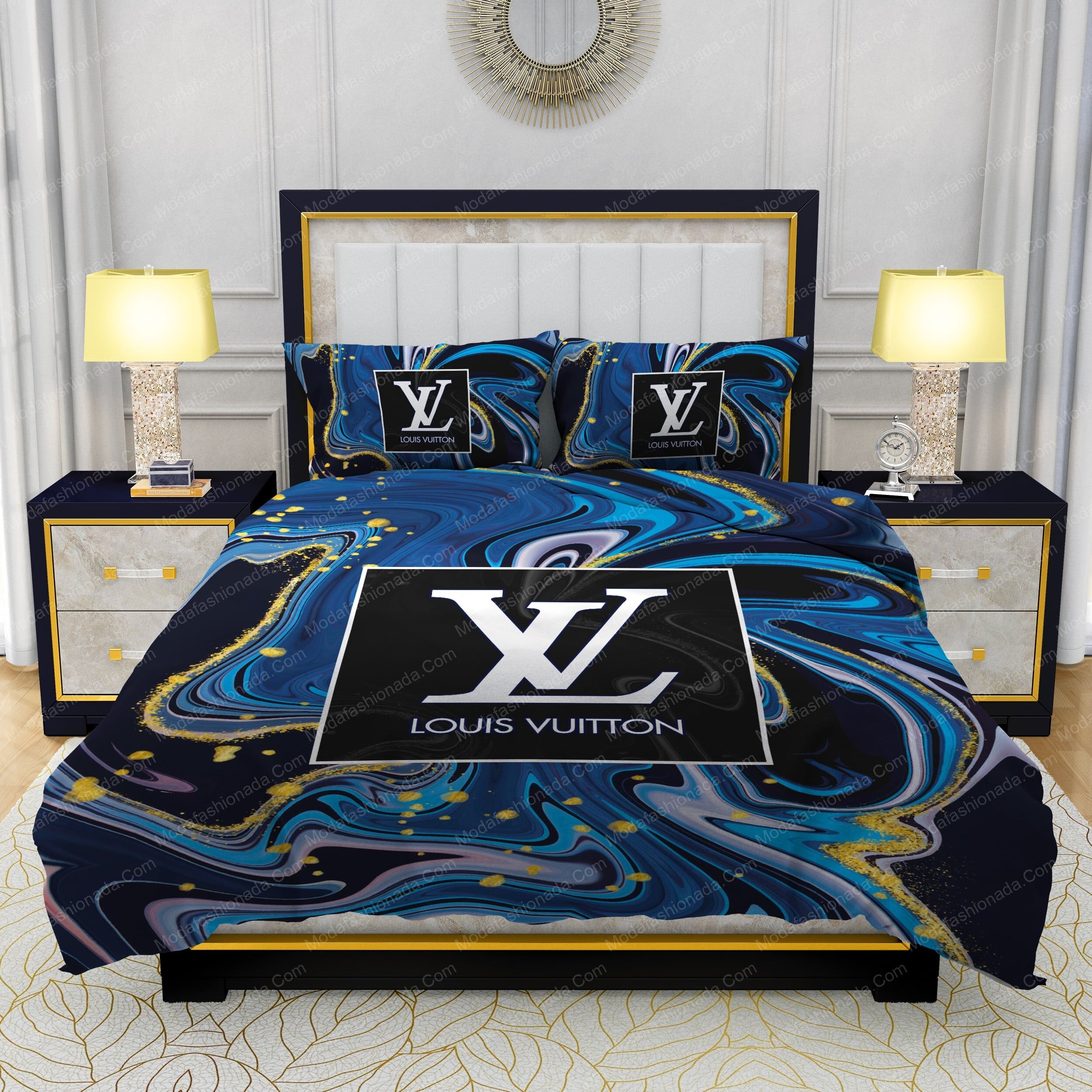 Louis Vuitton Watercolor Background With Golden Foil Bedding Sets - Modafashionada.Com