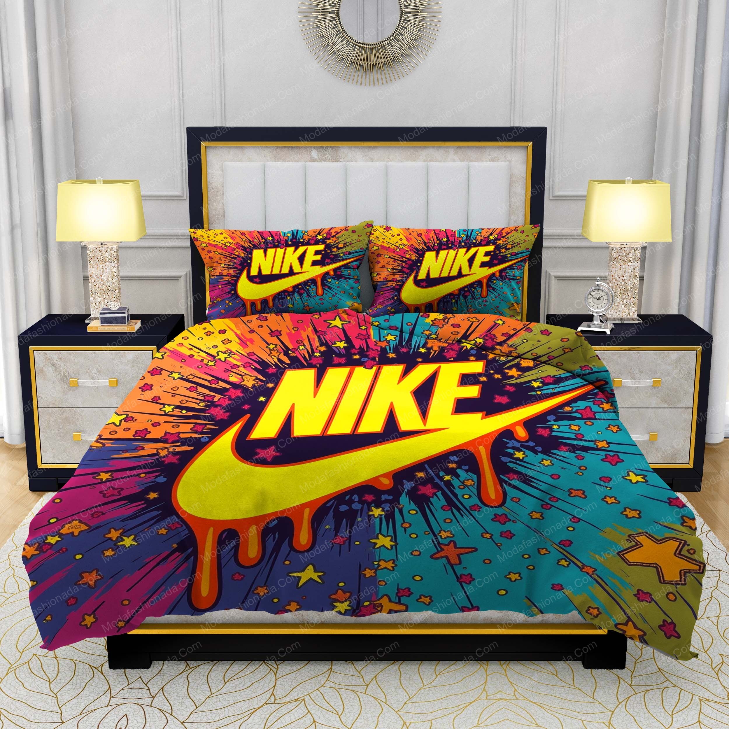 Yellow Nike Logo With Colorful Stars Bedding Sets
