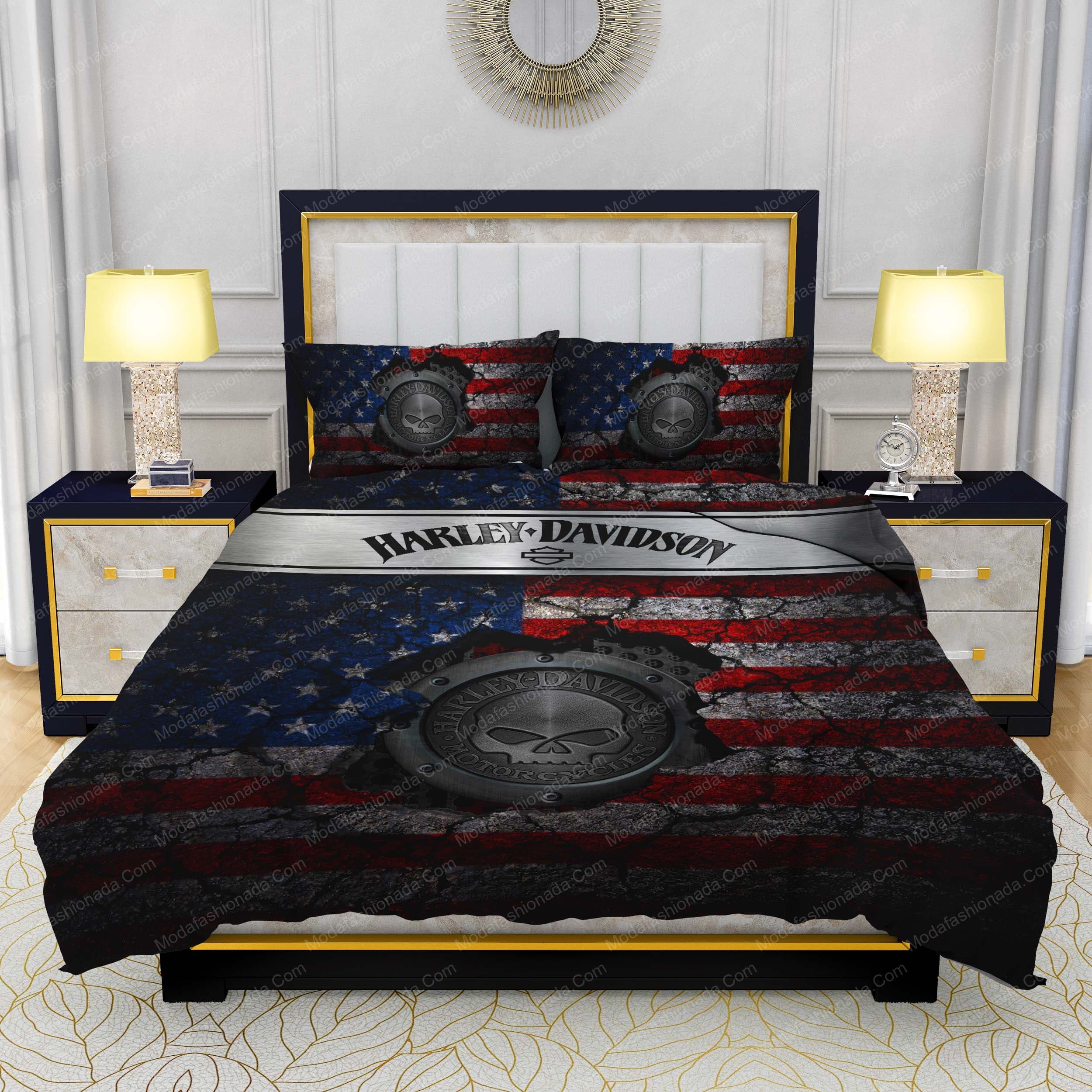 Harley-Davidson American Flag Retro Vintage Bedding Sets - Modafashionada.Com